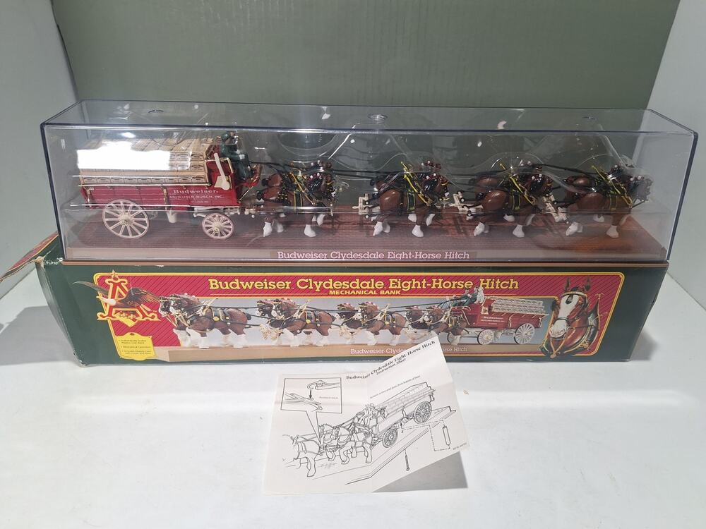 1995 Ertl Budweiser Clydesdale 8-Horse Hitch Mechanical Bank Box Display Case